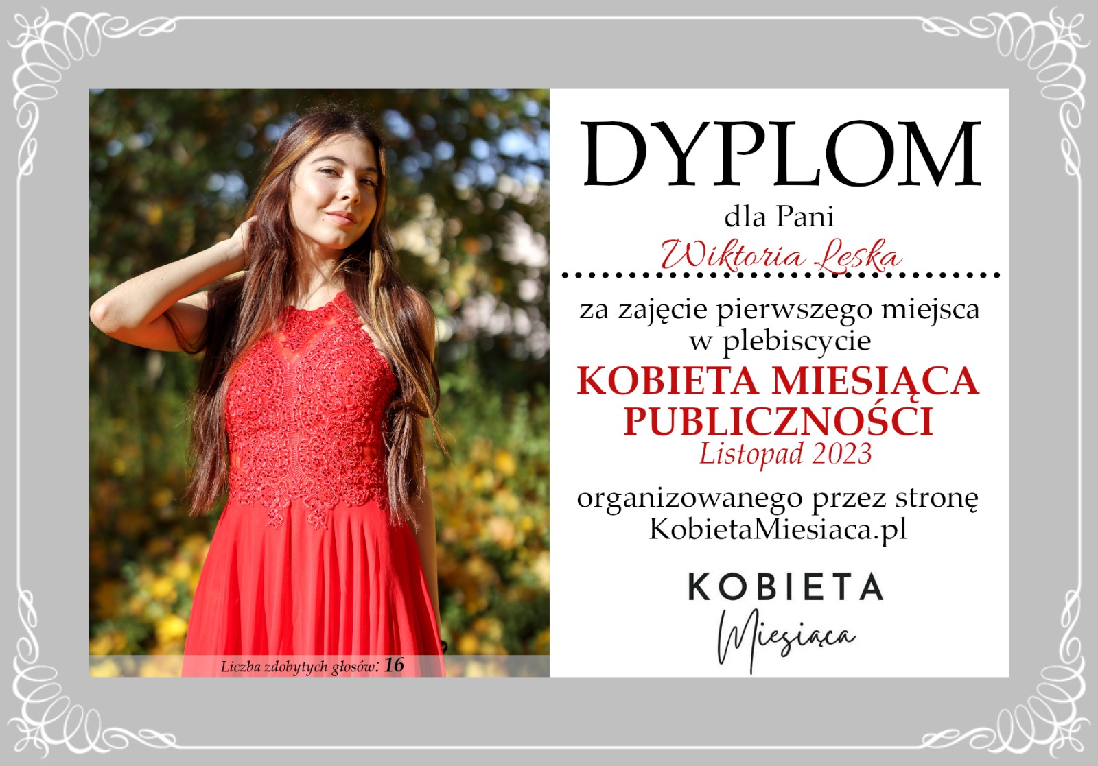 Dyplom – Kobieta Miesiąca Publiczności: Listopad 2023
