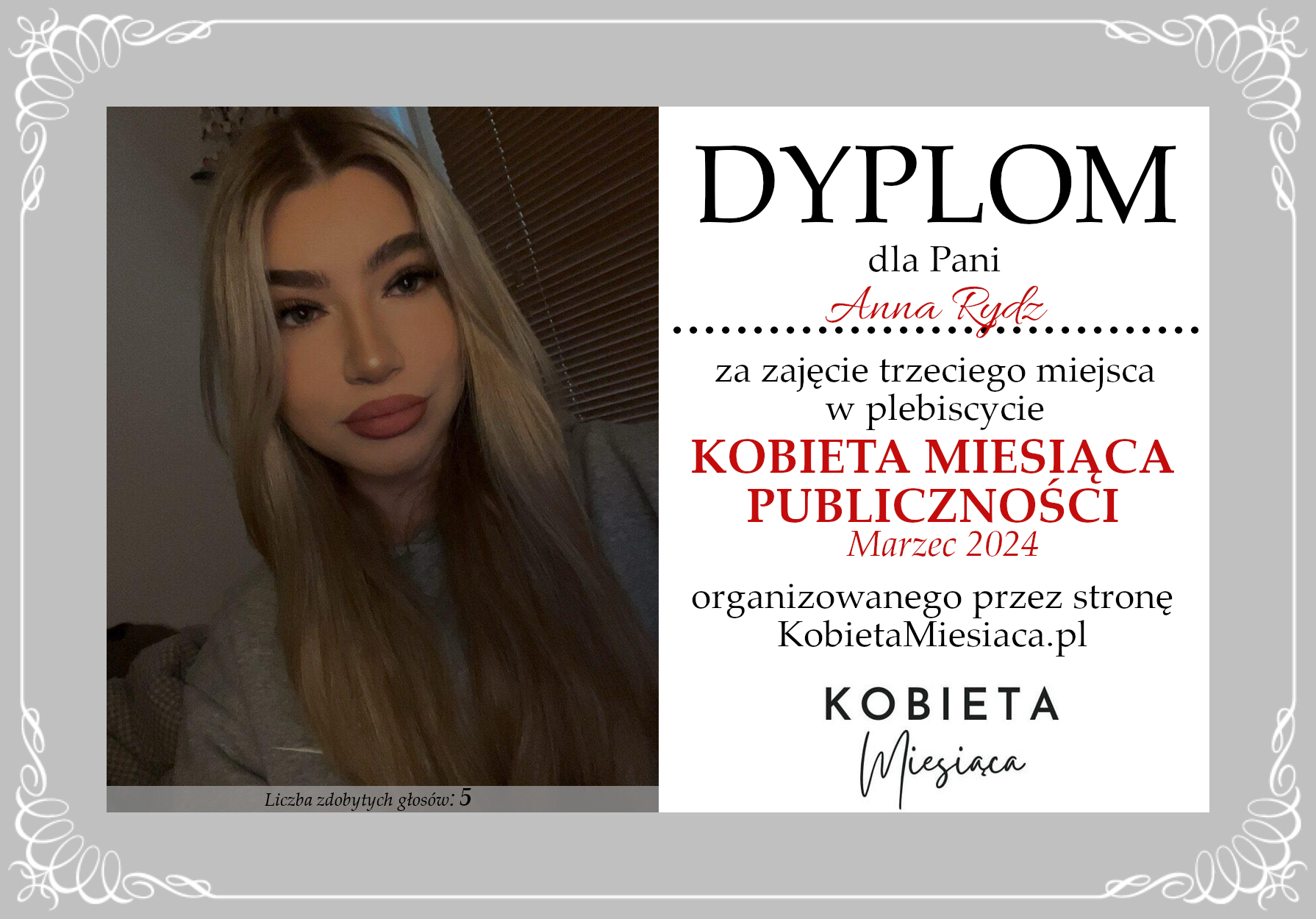 Dyplom – Kobieta Miesiąca Publiczności: Marzec 2024